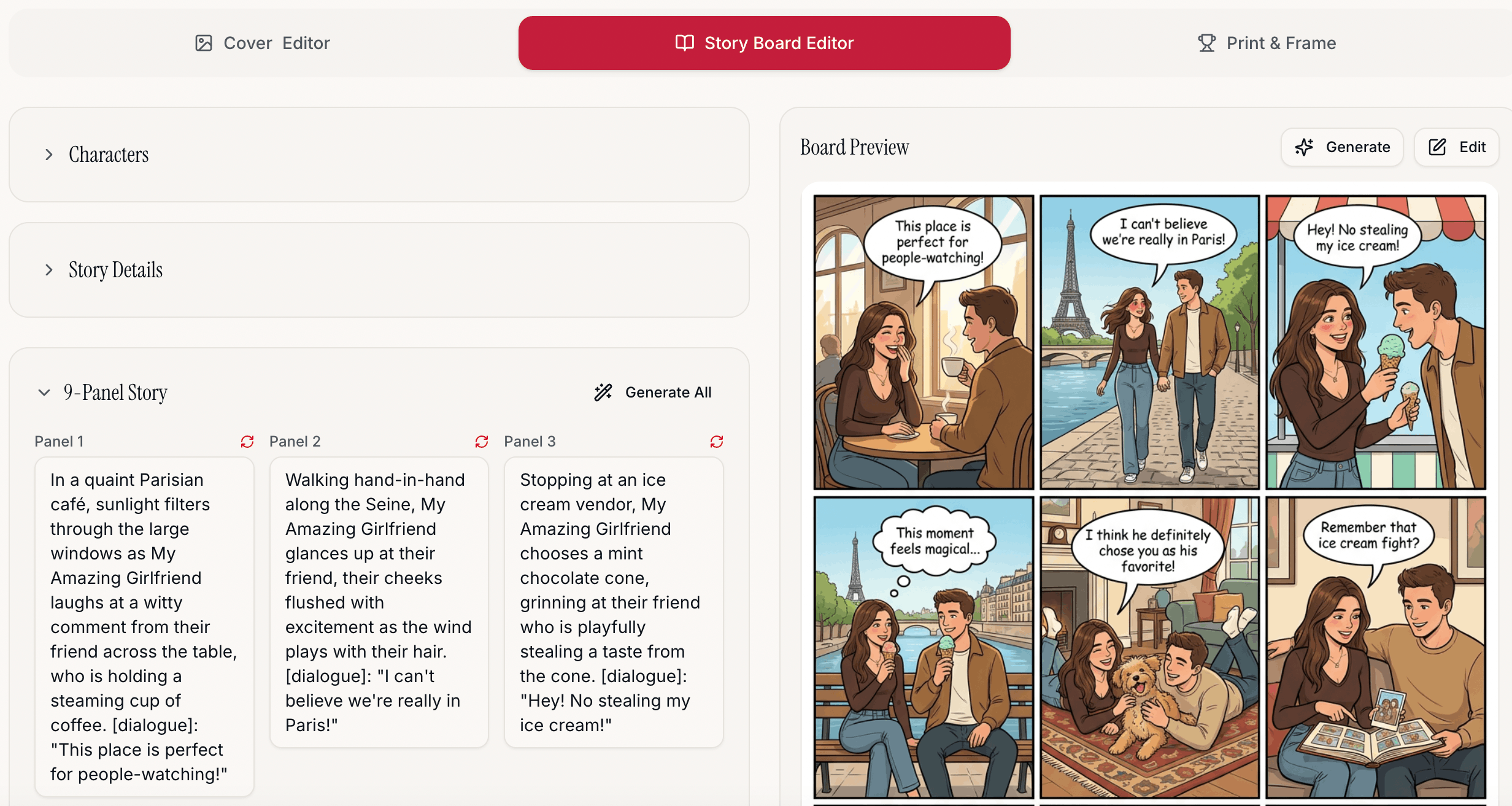 Custom comic illustration editor - personalize your comic gift with custom panels and characters