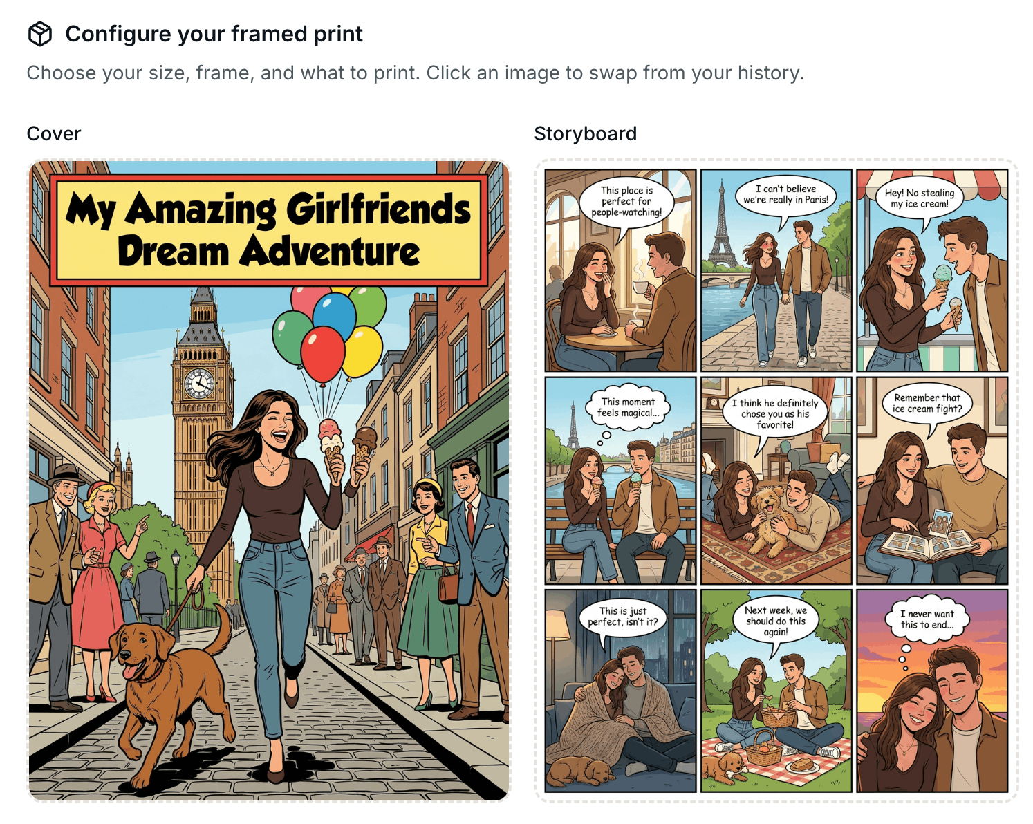 Print-ready personalised comic - download files or order a framed print shipped to your door