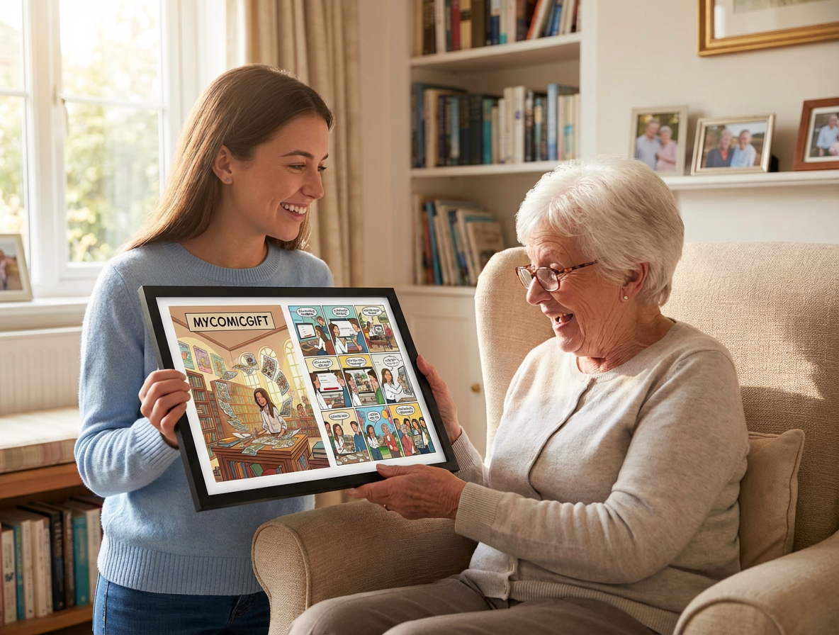 Framed comic prints in living room