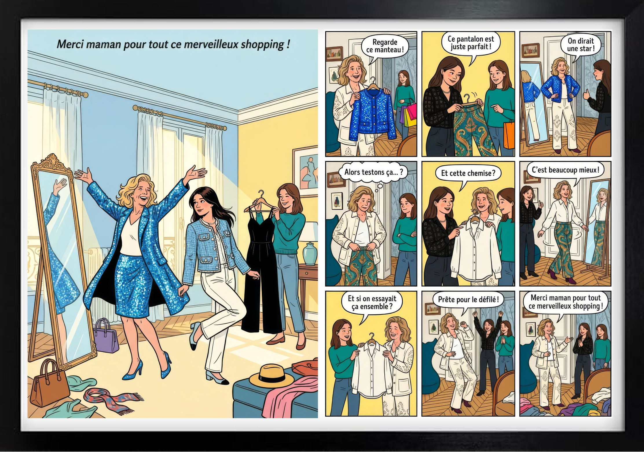 A family comic showing mum leading the family on an adventure